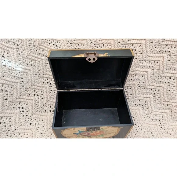 Vintage Hand Painted Floral Wooden Keepsake Chest Black Gold Jewelry Box 9.5in - Picture 4 of 11